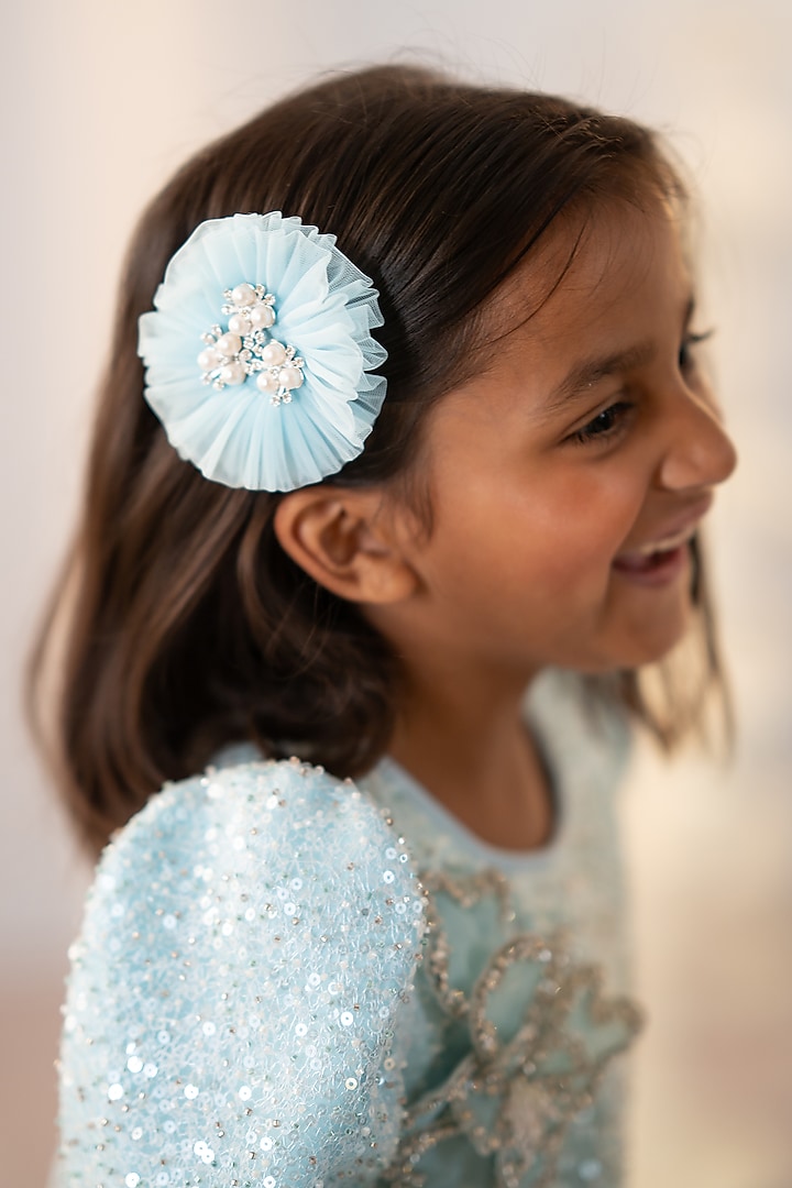 Blue Organza Embroidered Lehenga Set For Girls by Ruchikalathlabel at Pernia's Pop Up Shop