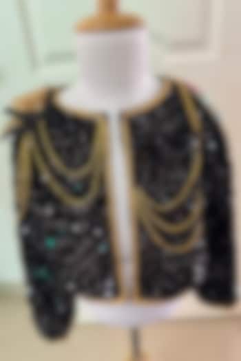 Black Sequined Velvet Embroidered Jacket For Girls by Ruchikalathlabel at Pernia's Pop Up Shop
