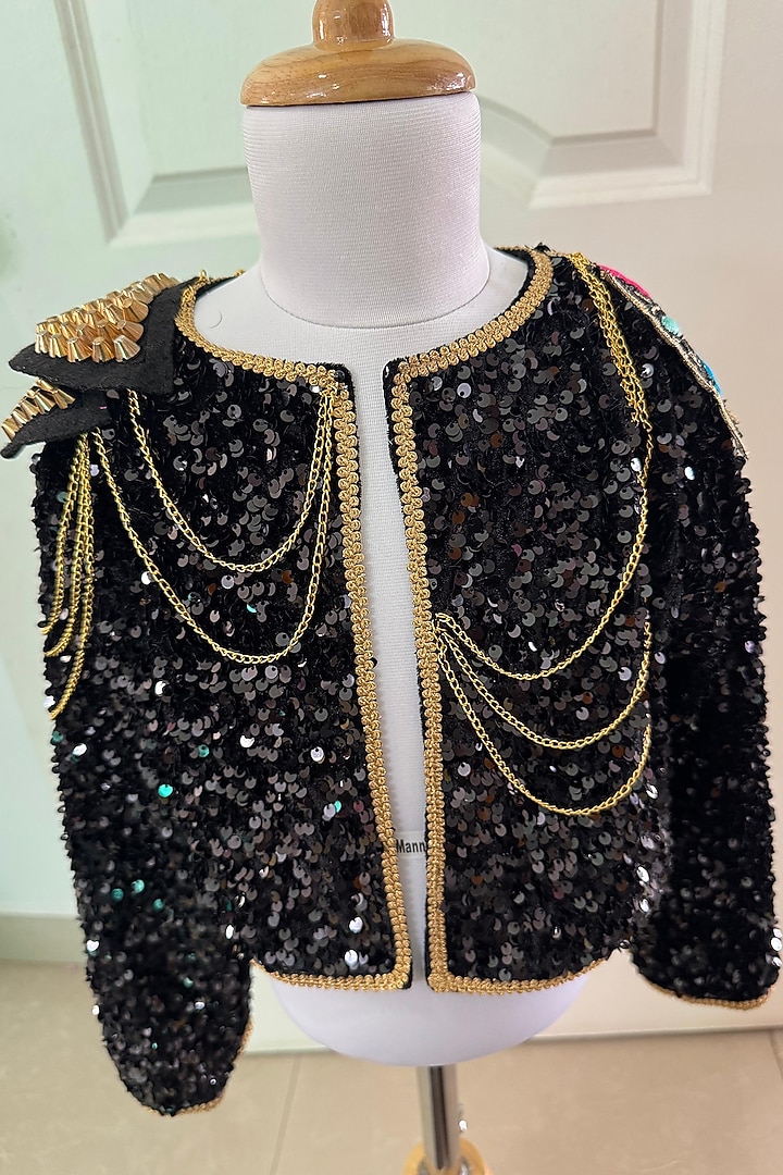 Black Sequined Velvet Embroidered Jacket For Girls by Ruchikalathlabel at Pernia's Pop Up Shop