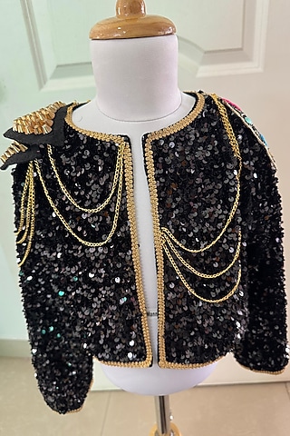 Black Sequined Velvet Embroidered Jacket For Girls by Ruchikalathlabel
