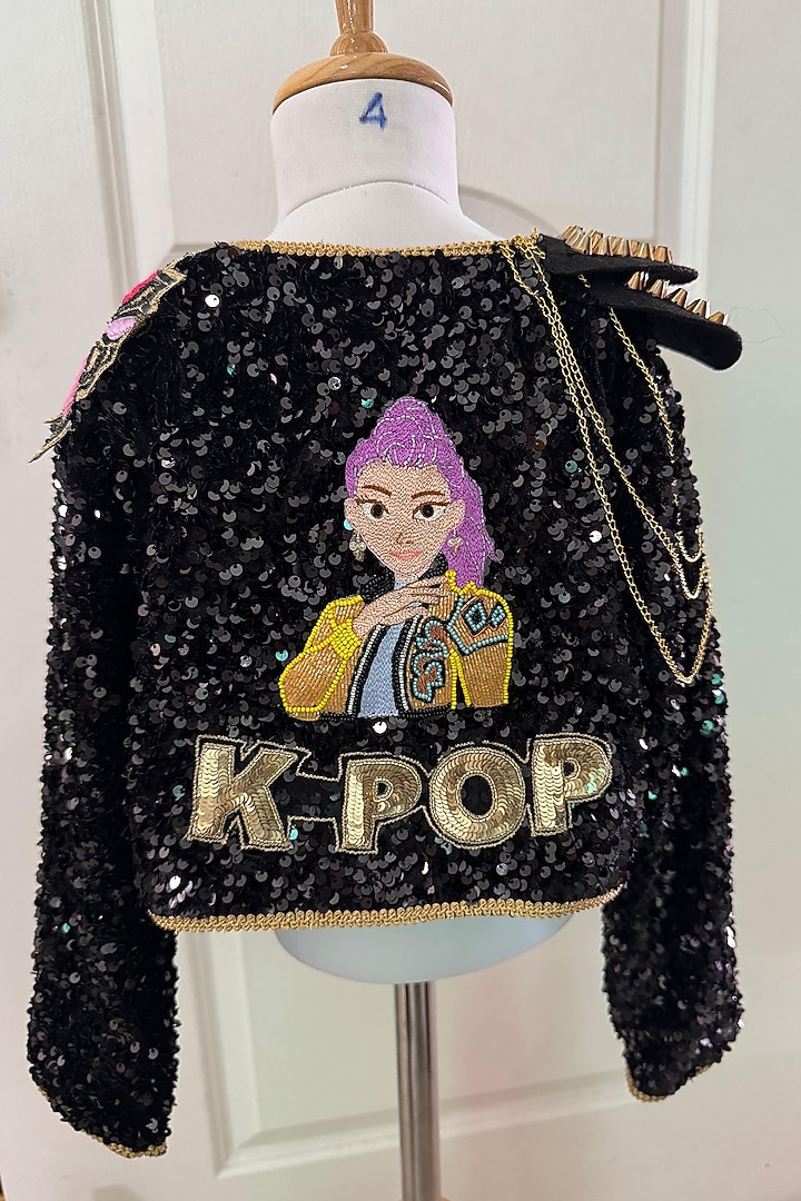 Black Sequined Velvet Embroidered Jacket For Girls by Ruchikalathlabel at Pernia's Pop Up Shop