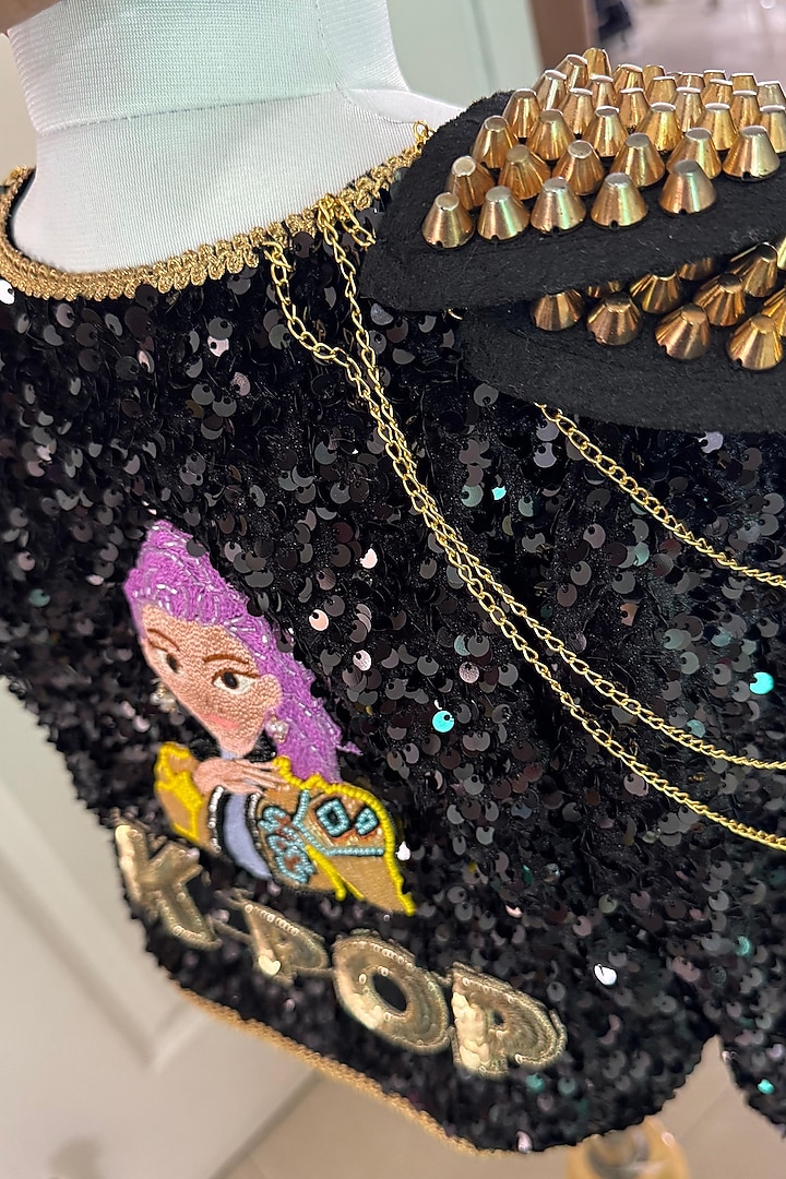 Black Sequined Velvet Embroidered Jacket For Girls by Ruchikalathlabel at Pernia's Pop Up Shop