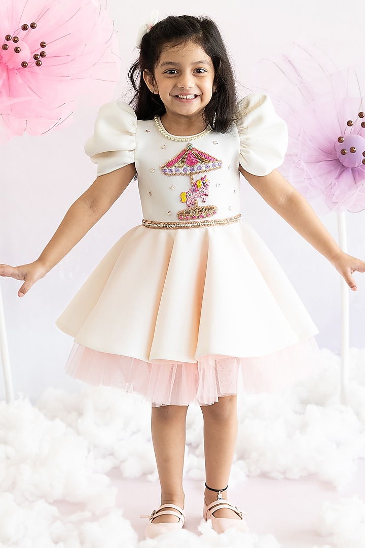 White Scuba Carousel Embroidered Flared Dress For Girls by Ruchikalathlabel at Pernia's Pop Up Shop