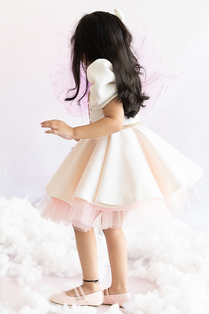 White Scuba Carousel Embroidered Flared Dress For Girls by Ruchikalathlabel at Pernia's Pop Up Shop