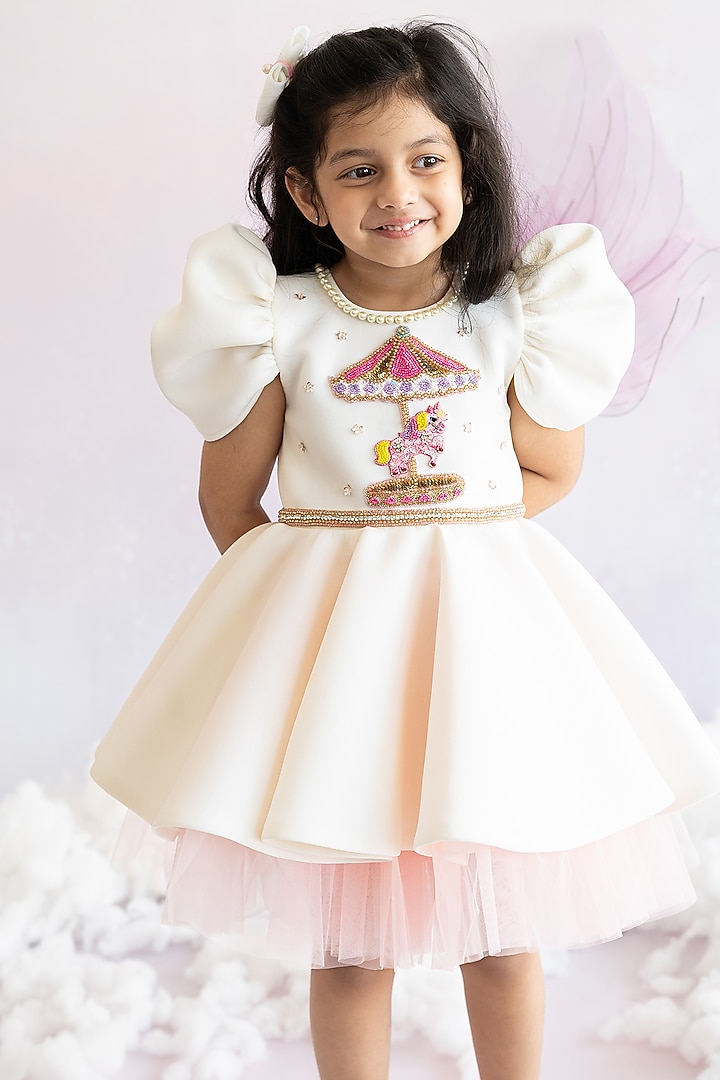 White Scuba Carousel Embroidered Flared Dress For Girls by Ruchikalathlabel at Pernia's Pop Up Shop