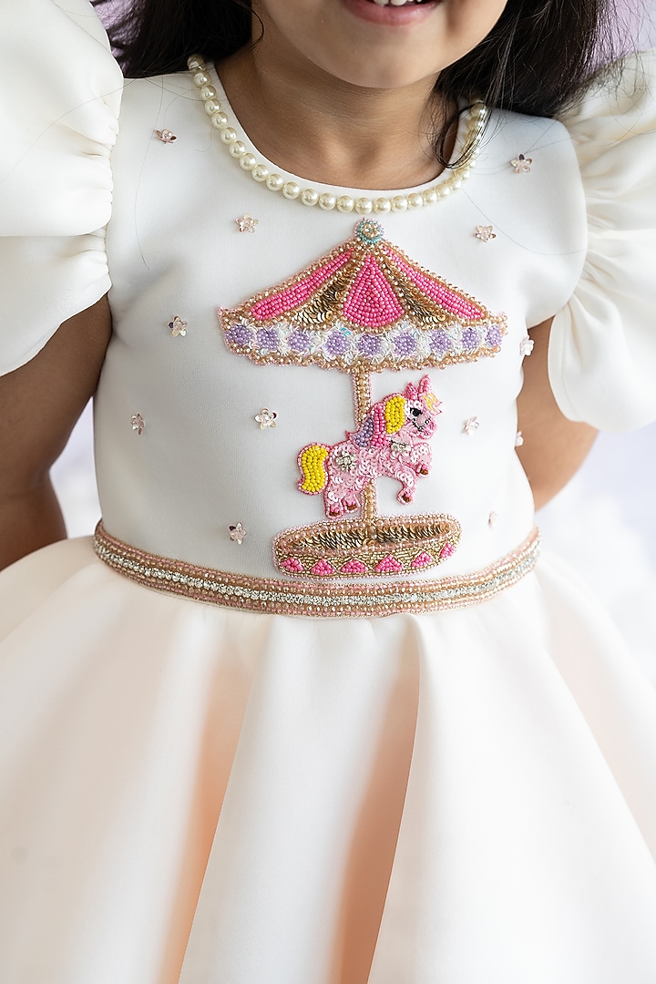 White Scuba Carousel Embroidered Flared Dress For Girls by Ruchikalathlabel at Pernia's Pop Up Shop