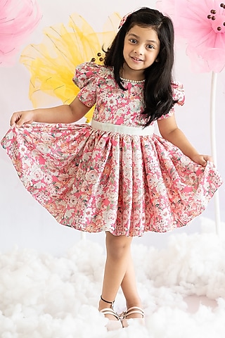 Pink Soft Japan Satin Floral Printed Dress For Girls by Ruchikalathlabel