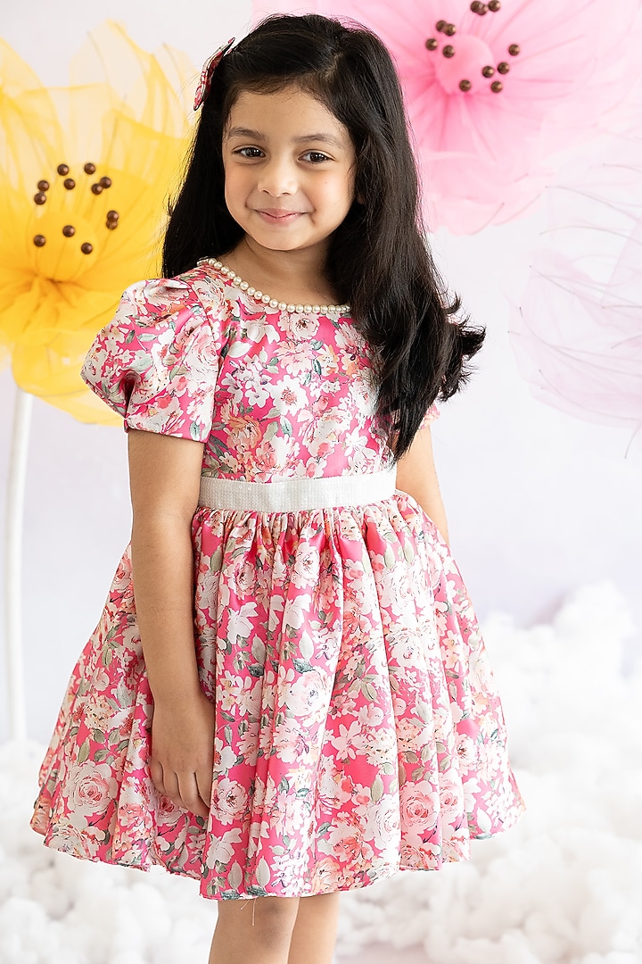 Pink Soft Japan Satin Floral Printed Dress For Girls by Ruchikalathlabel at Pernia's Pop Up Shop