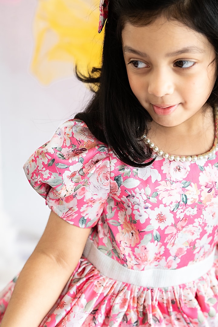 Pink Soft Japan Satin Floral Printed Dress For Girls by Ruchikalathlabel at Pernia's Pop Up Shop 2026 Pink Soft Japan Satin Floral Printed Dress For Girls by Ruchikalathlabel at Pernia's Pop Up Shop 2026