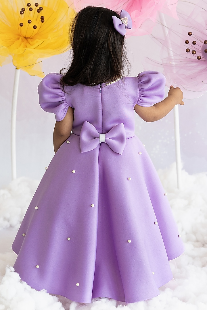 Lavender Neoprene & Scuba Pearl Hand Embellishment High-Low Gown For Girls by Ruchikalathlabel at Pernia's Pop Up Shop