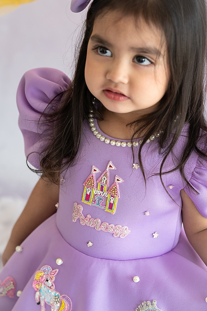 Lavender Neoprene & Scuba Pearl Hand Embellishment High-Low Gown For Girls by Ruchikalathlabel at Pernia's Pop Up Shop