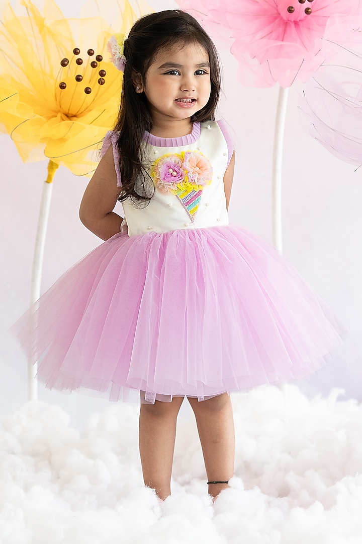 Off-White & Lavender Soft Net Pearl Hand Embroidered Pleated Dress For Girls by Ruchikalathlabel at Pernia's Pop Up Shop