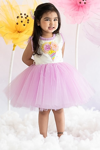 Off-White & Lavender Soft Net Pearl Hand Embroidered Pleated Dress For Girls by Ruchikalathlabel