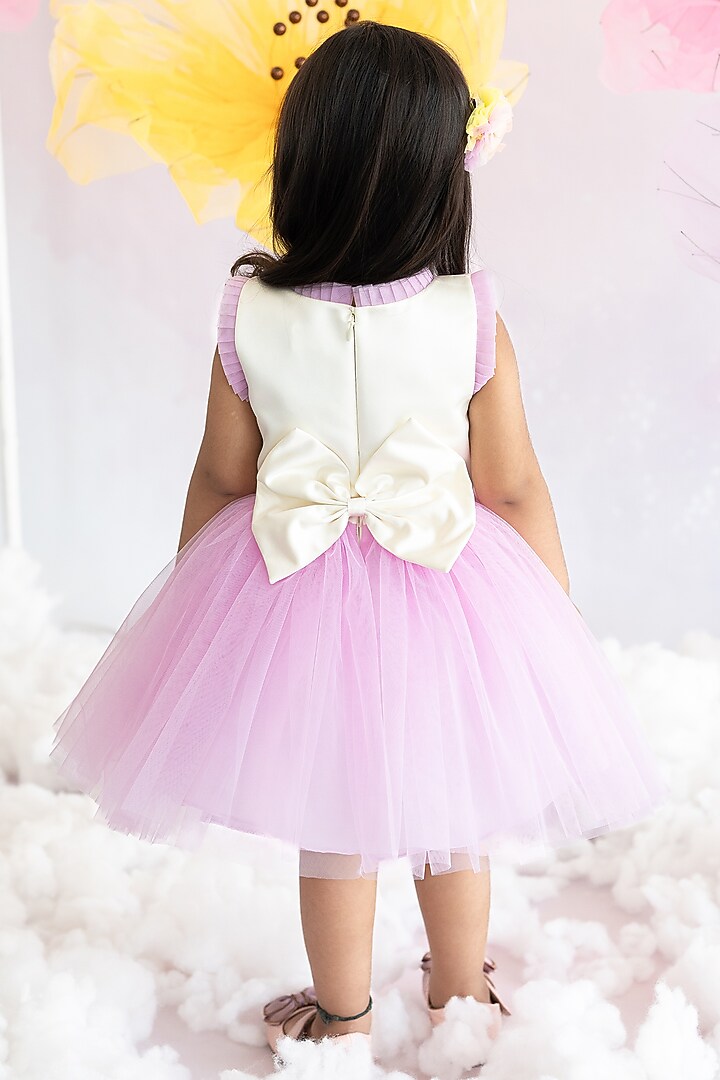 Off-White & Lavender Soft Net Pearl Hand Embroidered Pleated Dress For Girls by Ruchikalathlabel at Pernia's Pop Up Shop