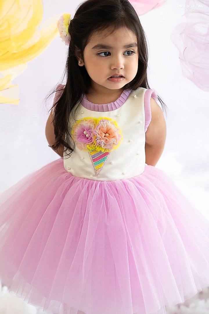 Off-White & Lavender Soft Net Pearl Hand Embroidered Pleated Dress For Girls by Ruchikalathlabel at Pernia's Pop Up Shop