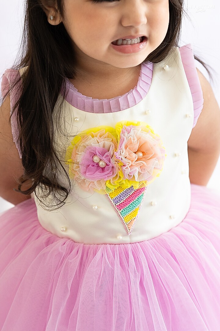 Off-White & Lavender Soft Net Pearl Hand Embroidered Pleated Dress For Girls by Ruchikalathlabel at Pernia's Pop Up Shop