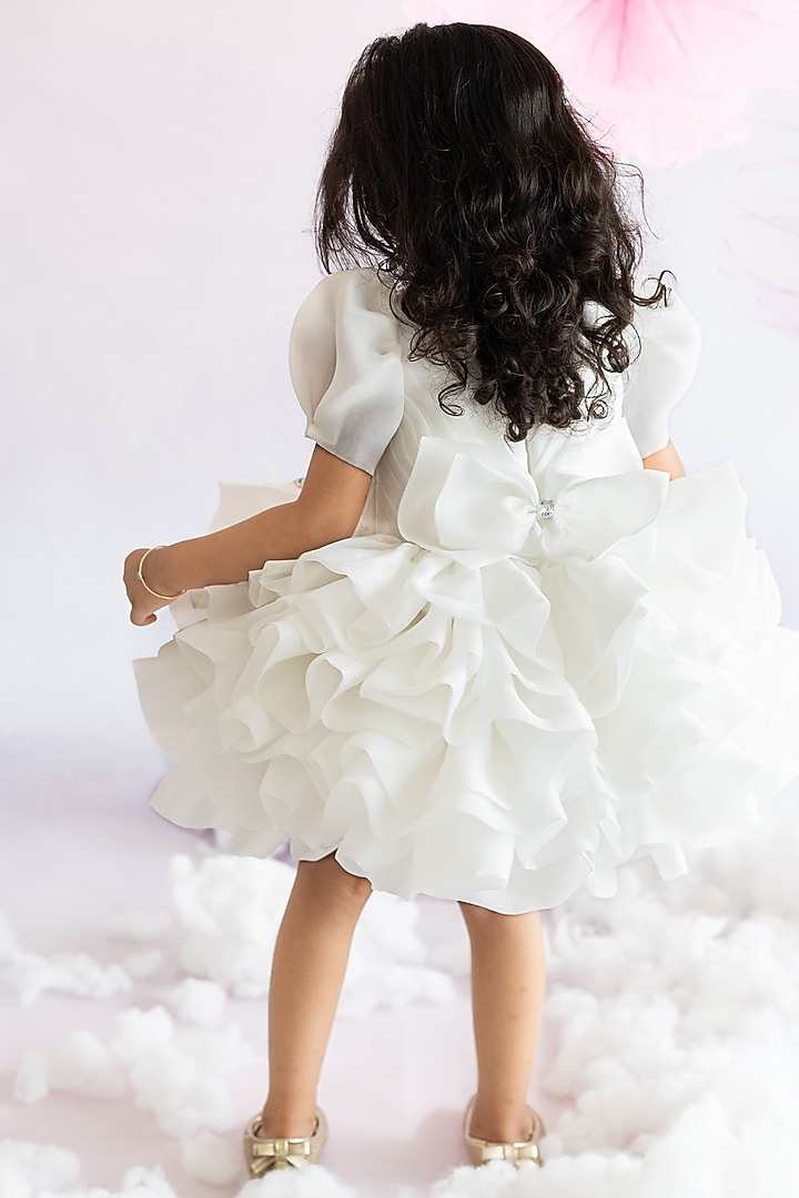 Off-White Butter Organza Pearl Hand Embroidered Dress For Girls by Ruchikalathlabel at Pernia's Pop Up Shop