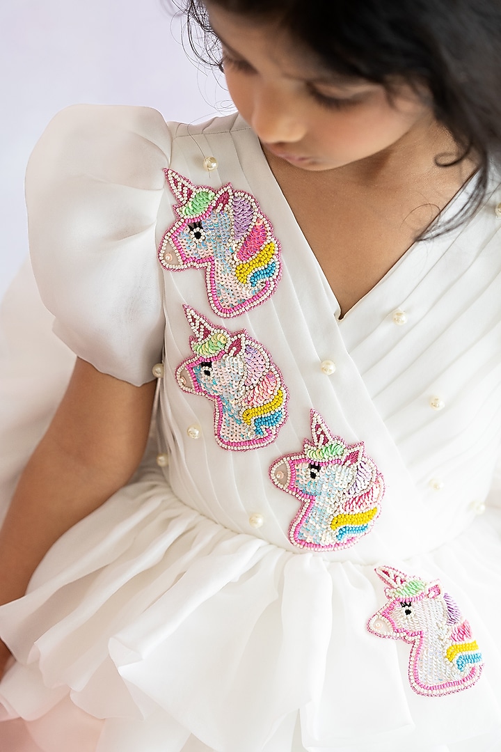 Off-White Butter Organza Pearl Hand Embroidered Dress For Girls by Ruchikalathlabel at Pernia's Pop Up Shop