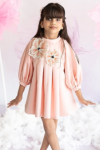 Peach Bridal Satin Floral Hand Embellished Pleated A-Line Dress For Girls by Ruchikalathlabel