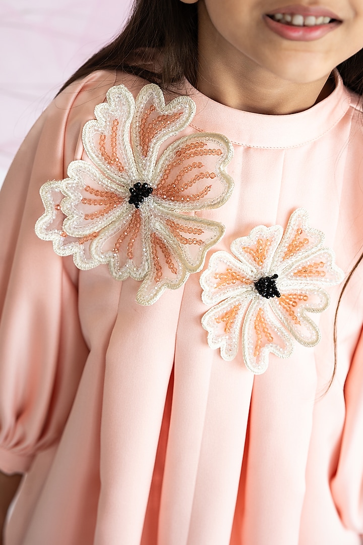 Peach Bridal Satin Floral Hand Embellished Pleated A-Line Dress For Girls by Ruchikalathlabel at Pernia's Pop Up Shop