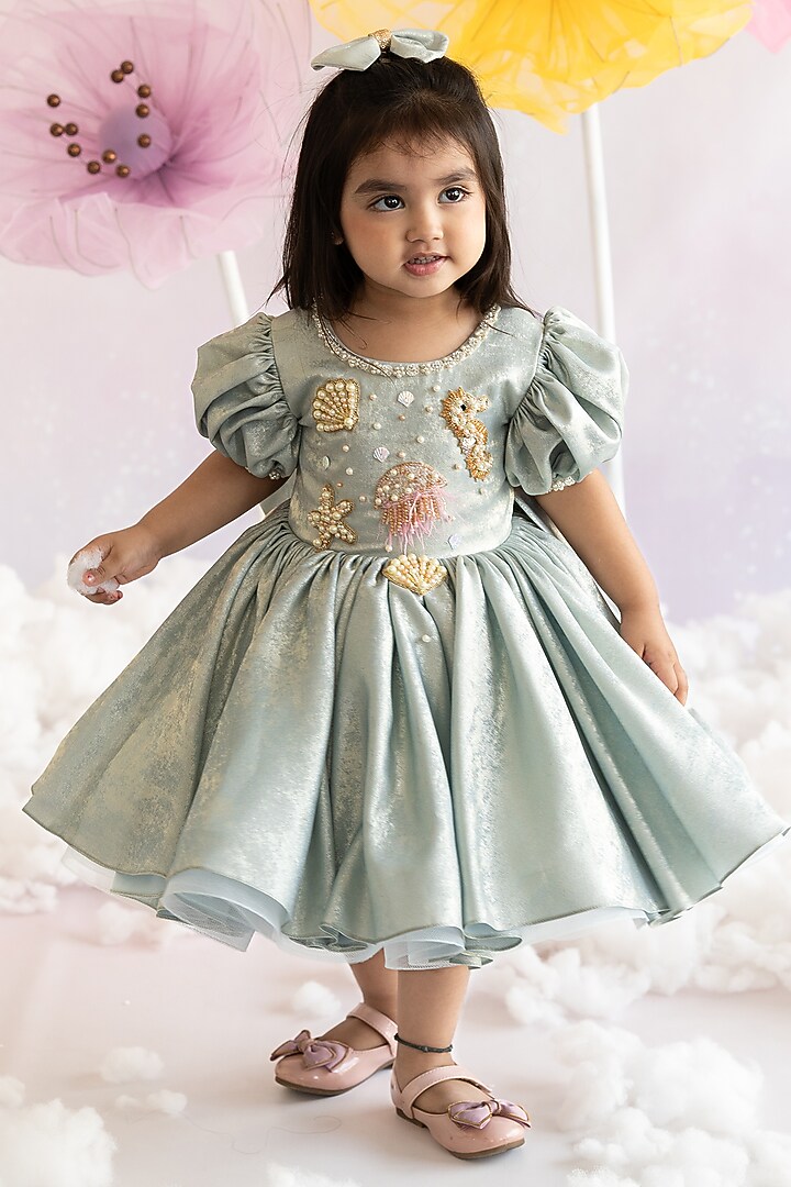Powder Blue Korean Foil Hand Embroidered Flared Dress For Girls by Ruchikalathlabel at Pernia's Pop Up Shop