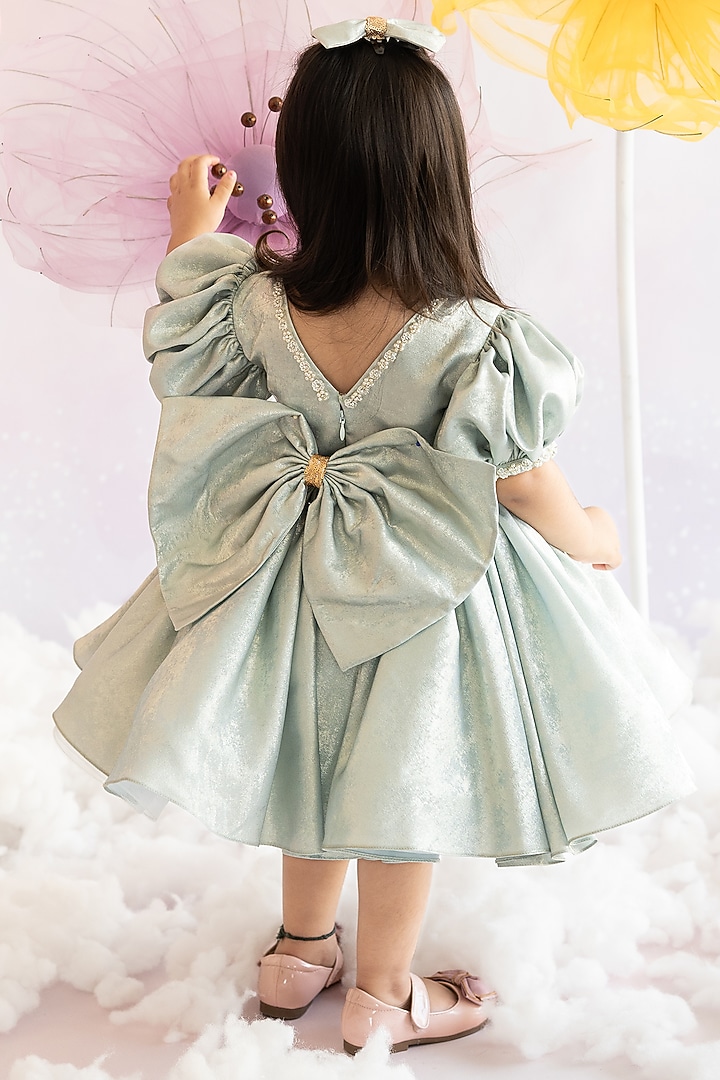 Powder Blue Korean Foil Hand Embroidered Flared Dress For Girls by Ruchikalathlabel at Pernia's Pop Up Shop