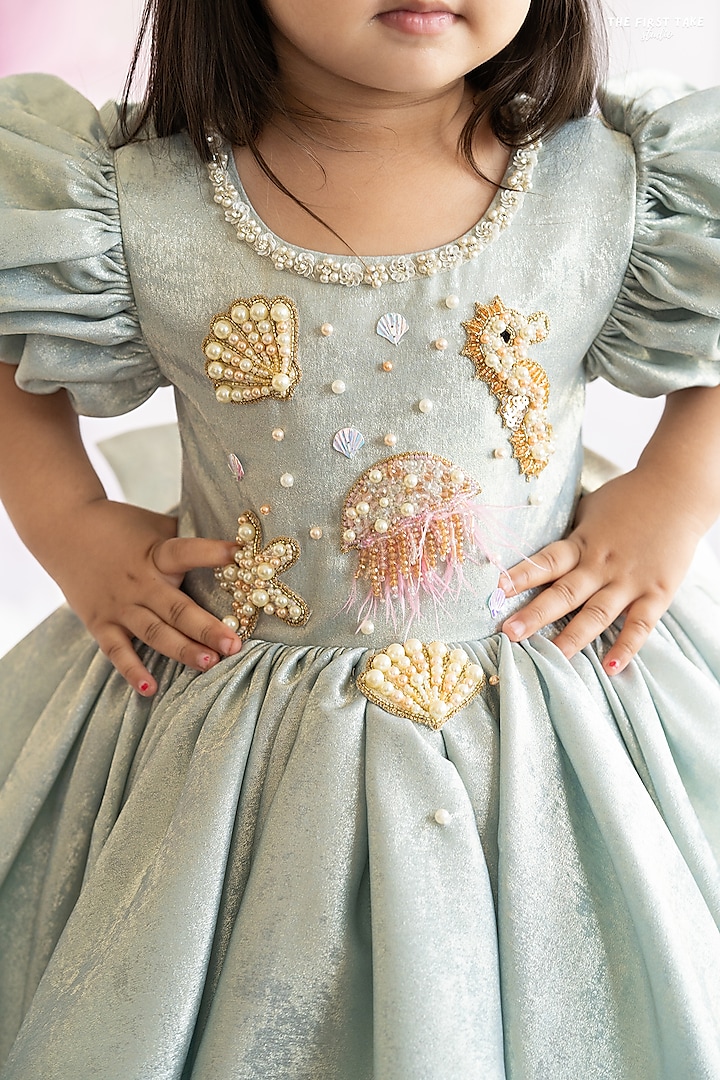 Powder Blue Korean Foil Hand Embroidered Flared Dress For Girls by Ruchikalathlabel at Pernia's Pop Up Shop