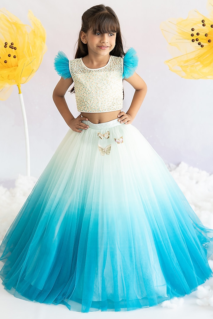 Blue Tulle Net Ombre Lehenga Set For Girls by Ruchikalathlabel at Pernia's Pop Up Shop