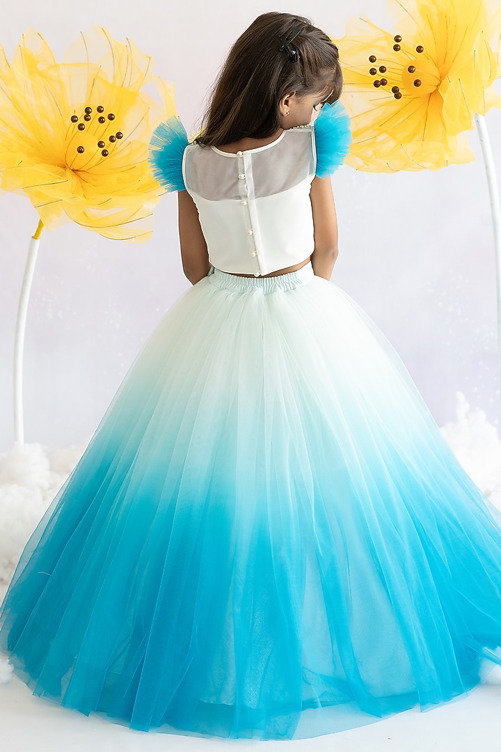 Blue Tulle Net Ombre Lehenga Set For Girls by Ruchikalathlabel at Pernia's Pop Up Shop