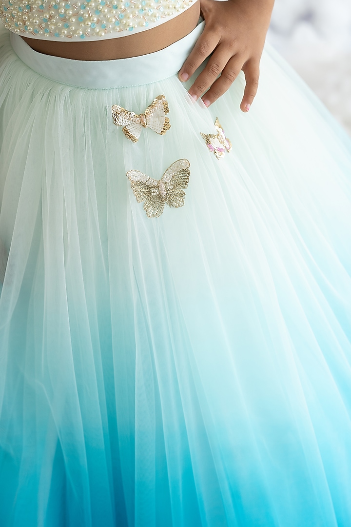 Blue Tulle Net Ombre Lehenga Set For Girls by Ruchikalathlabel at Pernia's Pop Up Shop