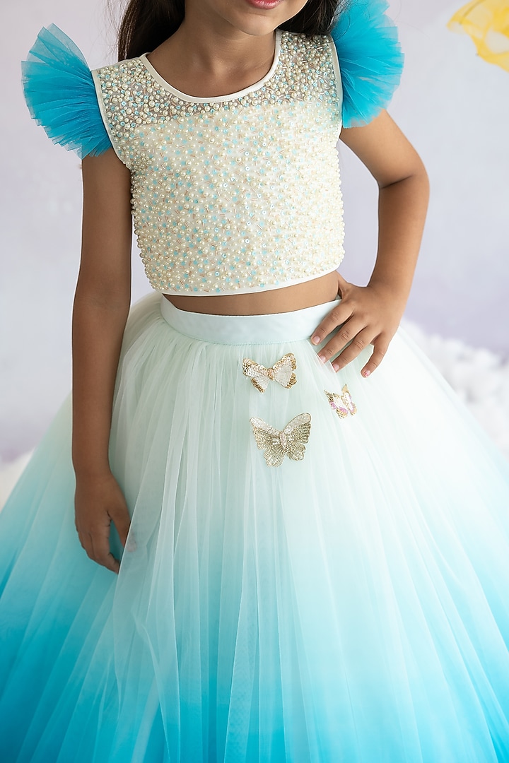 Blue Tulle Net Ombre Lehenga Set For Girls by Ruchikalathlabel at Pernia's Pop Up Shop