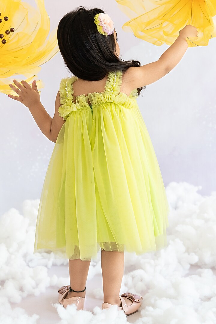 Green Tulle Net Embroidered Dress For Girls by Ruchikalathlabel at Pernia's Pop Up Shop
