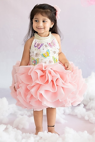 Pink Bridal Satin & Butter Organza Hand Embroidered Layered Dress For Girls by Ruchikalathlabel