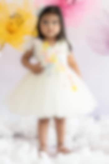 Off-White Bridal Satin & Soft Net Pearl Embroidered Fluffy Dress For Girls by Ruchikalathlabel