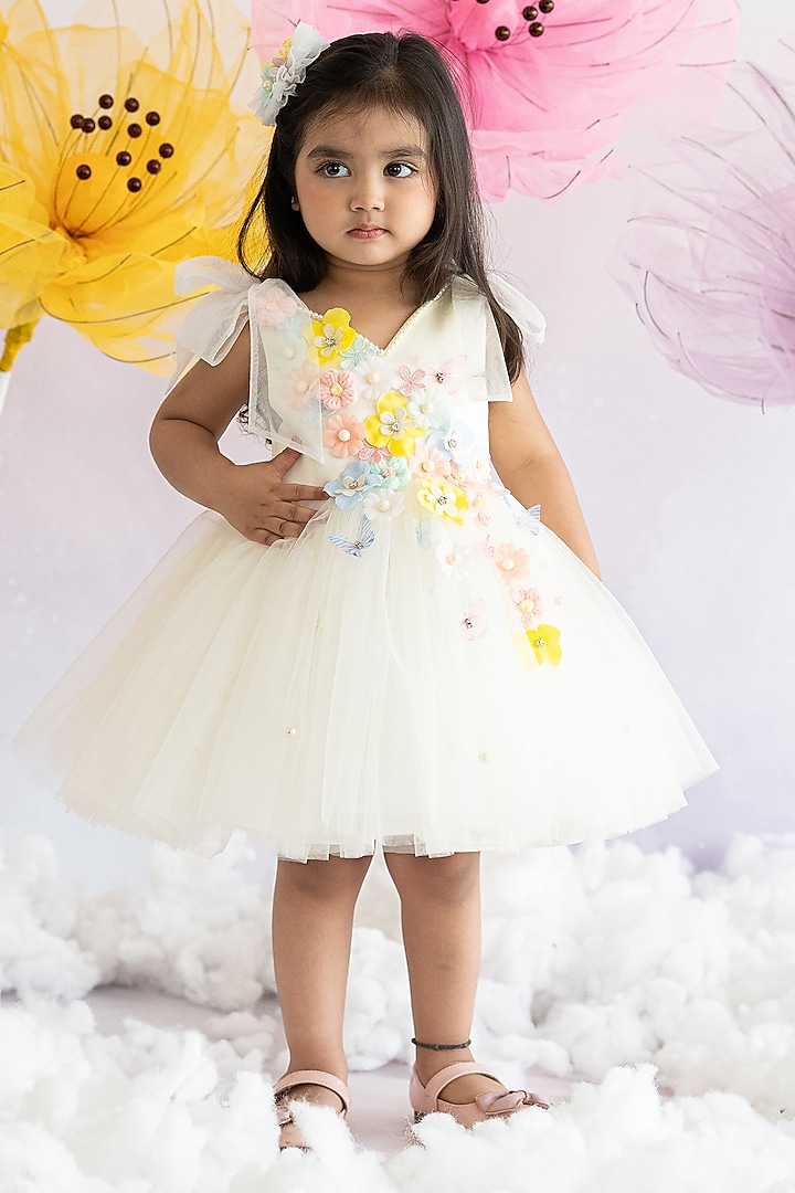 Off-White Bridal Satin & Soft Net Pearl Embroidered Fluffy Dress For Girls by Ruchikalathlabel