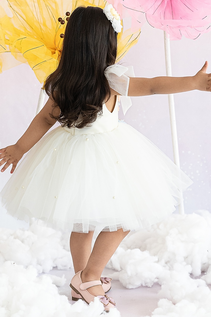 Off-White Bridal Satin & Soft Net Pearl Embroidered Fluffy Dress For Girls by Ruchikalathlabel at Pernia's Pop Up Shop