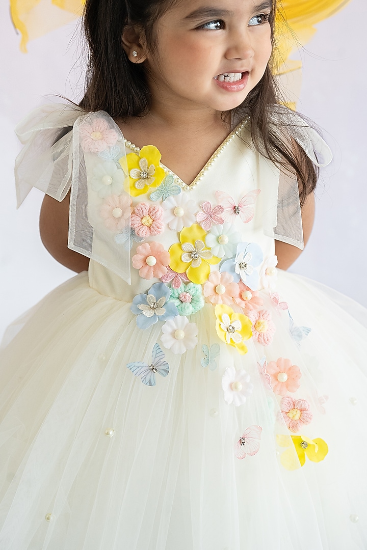 Off-White Bridal Satin & Soft Net Pearl Embroidered Fluffy Dress For Girls by Ruchikalathlabel at Pernia's Pop Up Shop