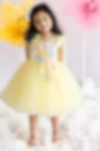 Yellow Bridal Satin & Soft Net Pearl Embroidered Fluffy Dress For Girls by Ruchikalathlabel at Pernia's Pop Up Shop