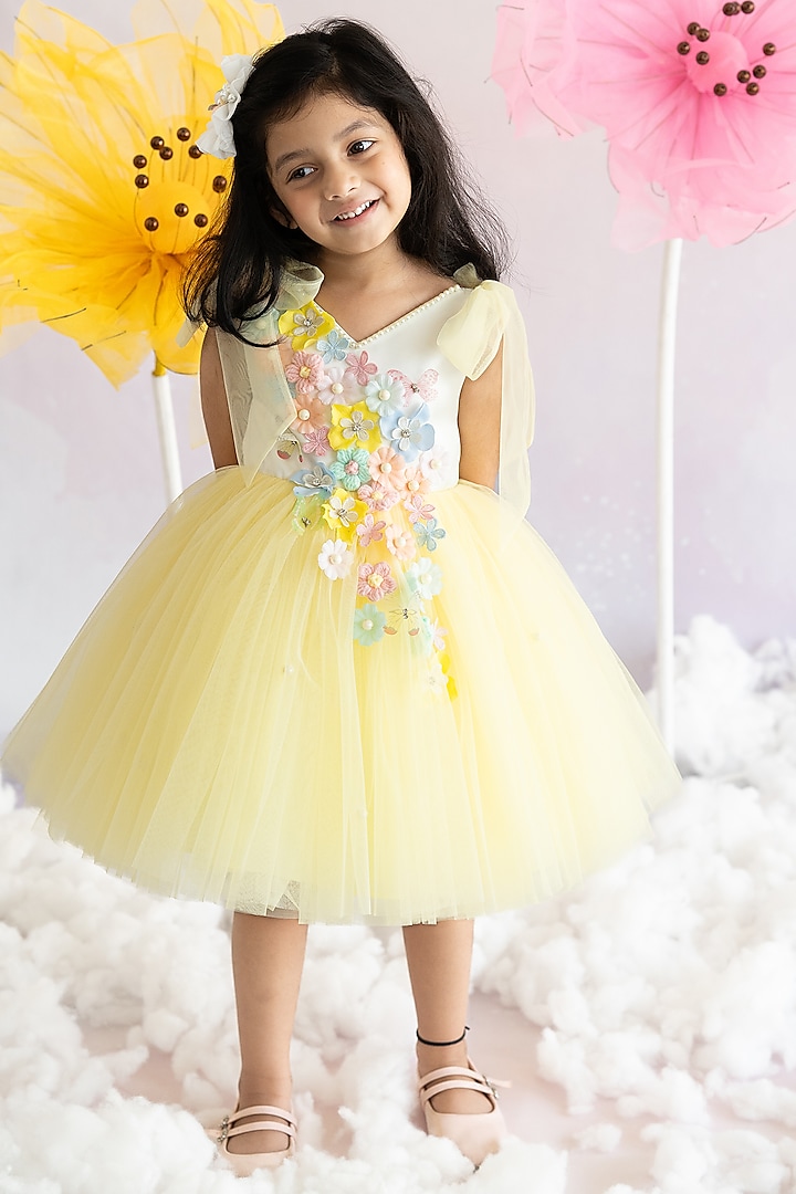 Yellow Bridal Satin & Soft Net Pearl Embroidered Fluffy Dress For Girls by Ruchikalathlabel at Pernia's Pop Up Shop