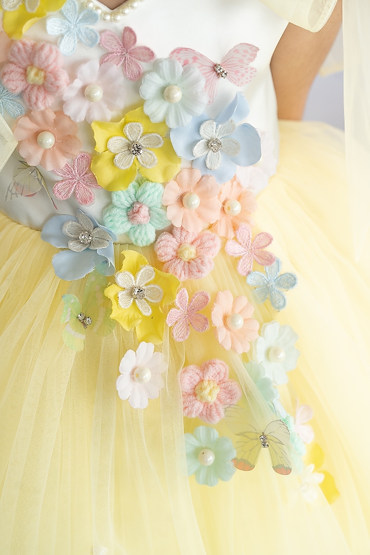 Yellow Bridal Satin & Soft Net Pearl Embroidered Fluffy Dress For Girls by Ruchikalathlabel at Pernia's Pop Up Shop