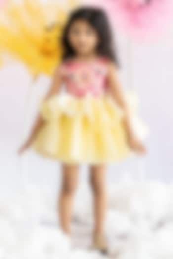 Fuchsia & Yellow Georgette Fluffy Dress For Girls by Ruchikalathlabel