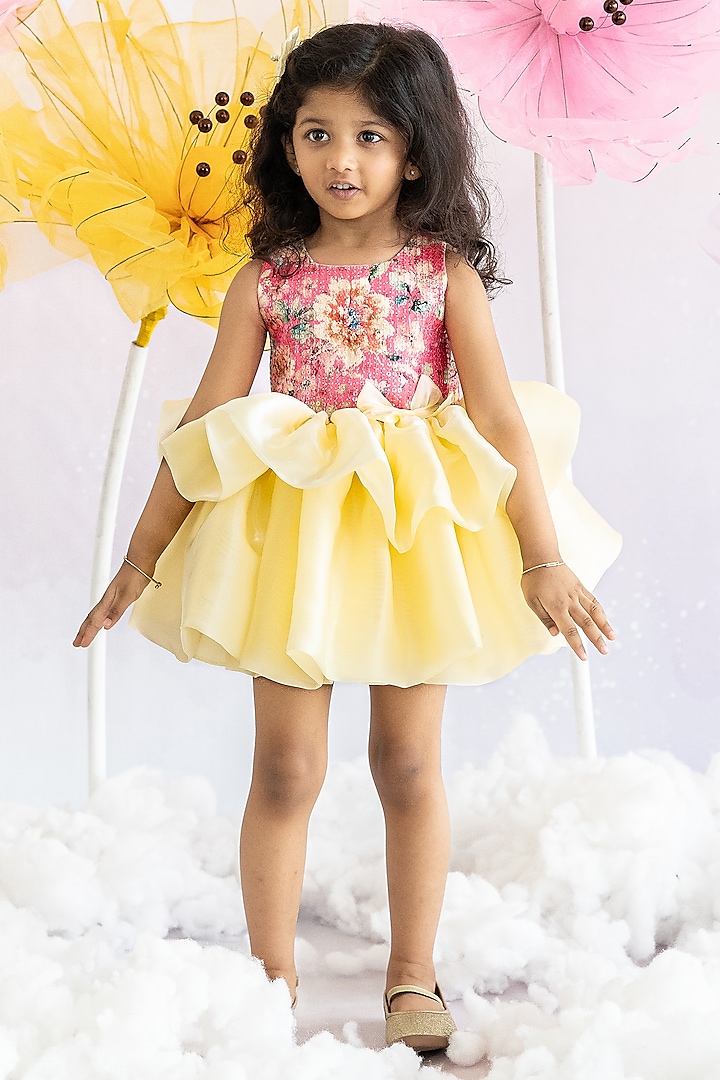 Fuchsia & Yellow Georgette Fluffy Dress For Girls by Ruchikalathlabel