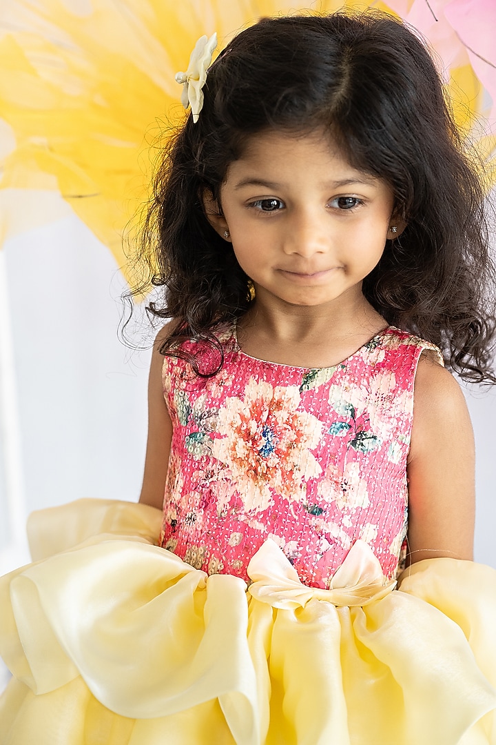 Fuchsia & Yellow Georgette Fluffy Dress For Girls by Ruchikalathlabel at Pernia's Pop Up Shop
