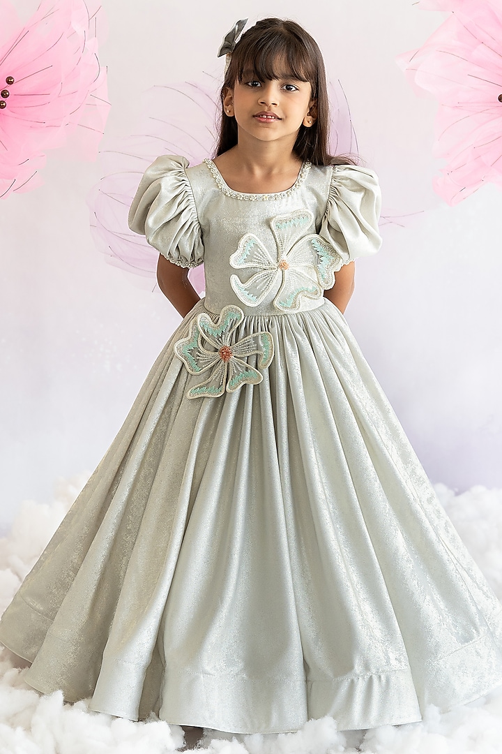 Silver Korean Foil & Soft Net Hand Embroidered Gown For Girls by Ruchikalathlabel