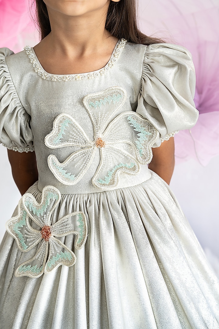 Silver Korean Foil & Soft Net Hand Embroidered Gown For Girls by Ruchikalathlabel at Pernia's Pop Up Shop