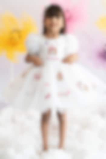 White Shimmer Organza & Soft Net Motif Embroidered Fluffy Dress For Girls by Ruchikalathlabel