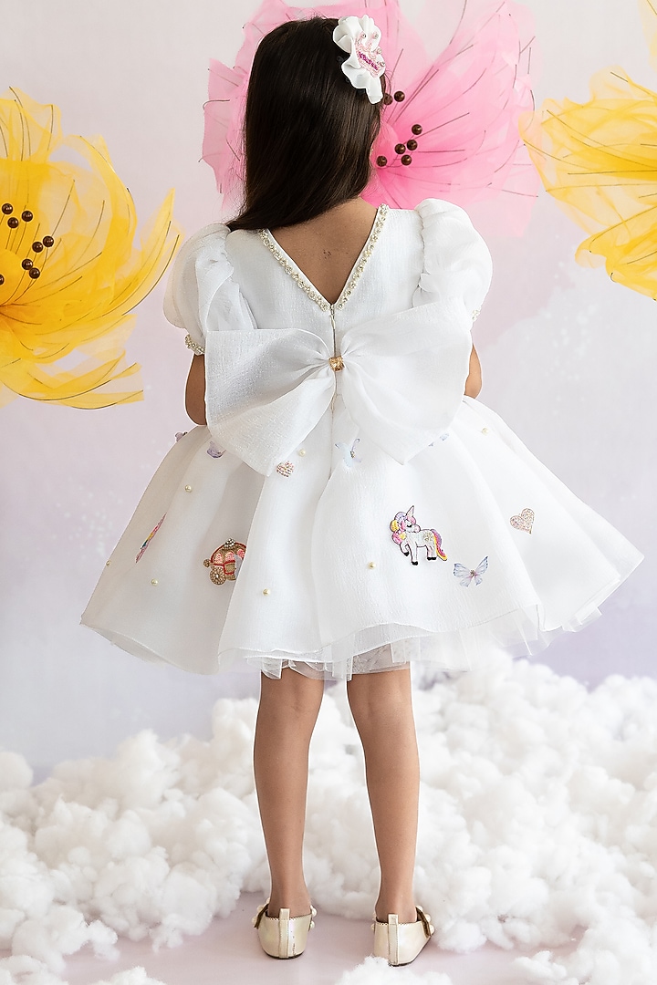 White Shimmer Organza & Soft Net Motif Embroidered Fluffy Dress For Girls by Ruchikalathlabel at Pernia's Pop Up Shop