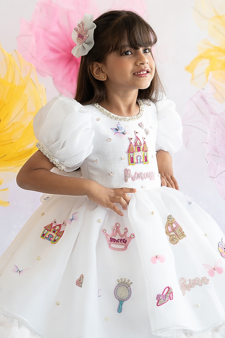 White Shimmer Organza & Soft Net Motif Embroidered Fluffy Dress For Girls by Ruchikalathlabel at Pernia's Pop Up Shop