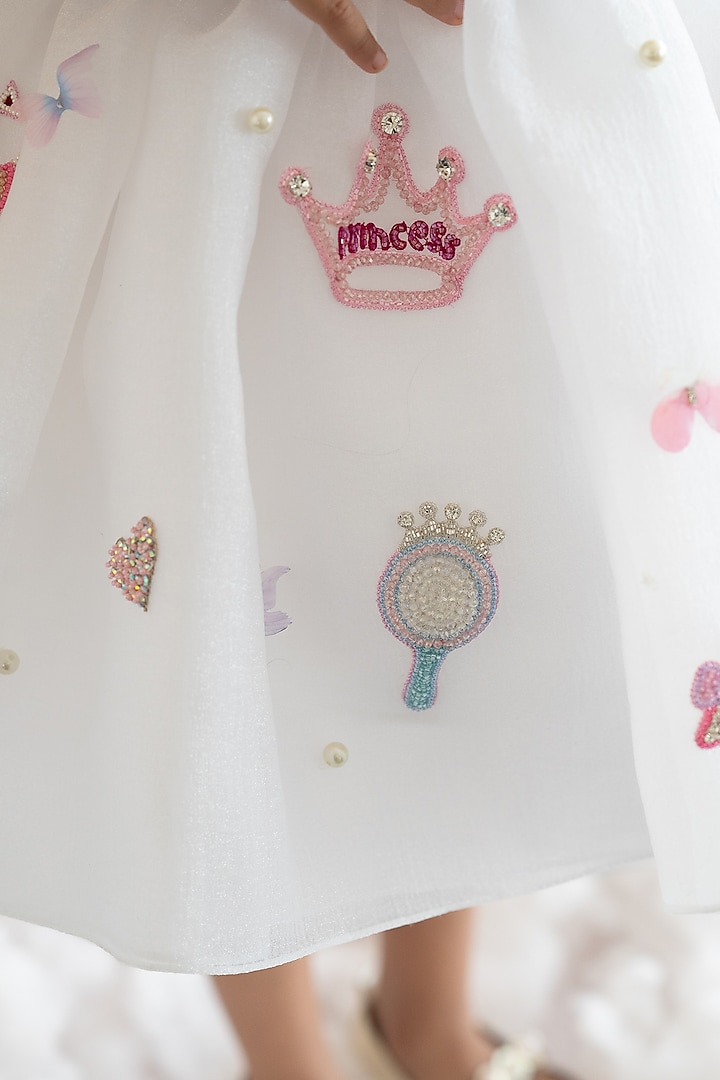 White Shimmer Organza & Soft Net Motif Embroidered Fluffy Dress For Girls by Ruchikalathlabel at Pernia's Pop Up Shop