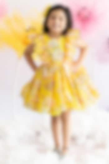 Yellow Soft Organza & Sof Net Floral Printed Flared Dress For Girls by Ruchikalathlabel